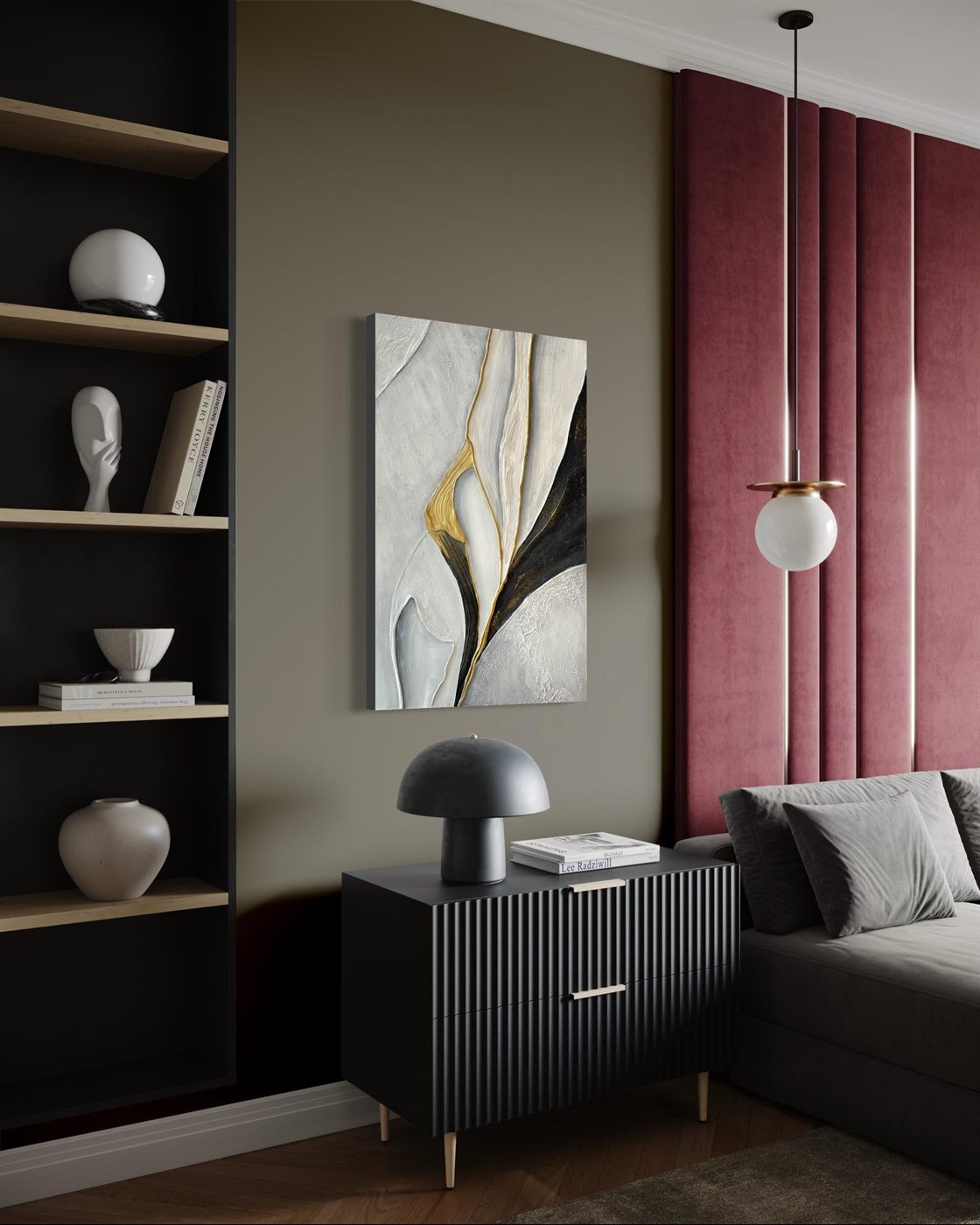 pétalo de oro, Made to order, any size — Beige, white, black and gold gathered into one flowing form, like a petal opening.