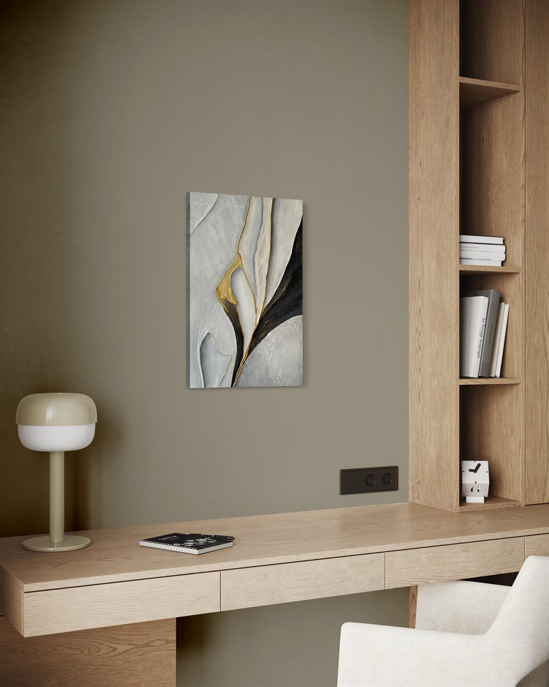 pétalo de oro, Made to order, any size — Beige, white, black and gold gathered into one flowing form, like a petal opening.