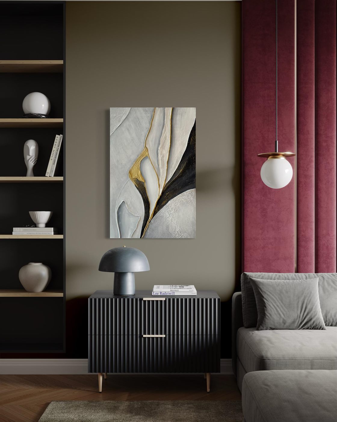 pétalo de oro, Made to order, any size — Beige, white, black and gold gathered into one flowing form, like a petal opening.