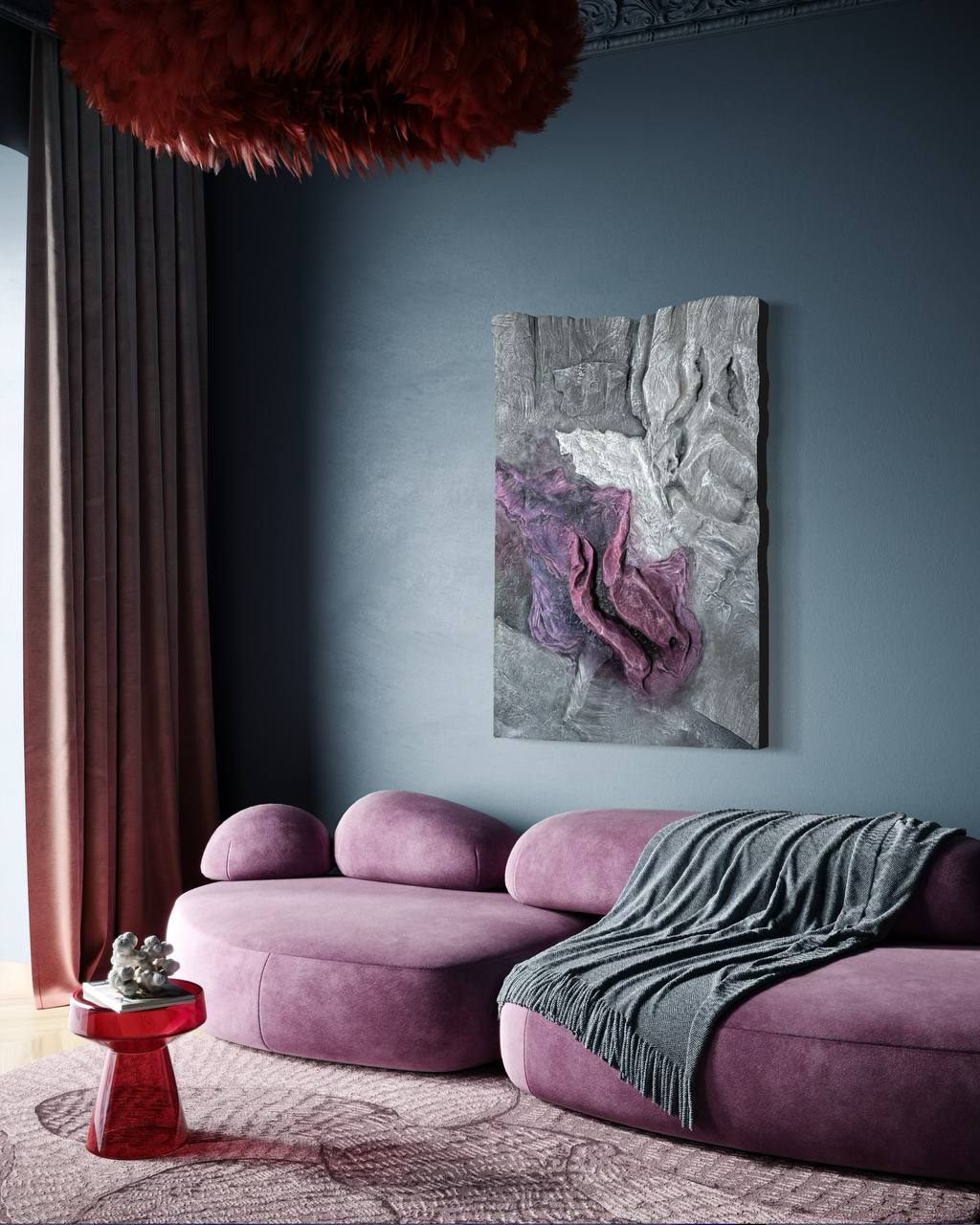 Senses, 90×140 см — Рельеф, собранный как срез скалы: серое, графитовое и серебристое, а под ними лиловое и фиолетовое.