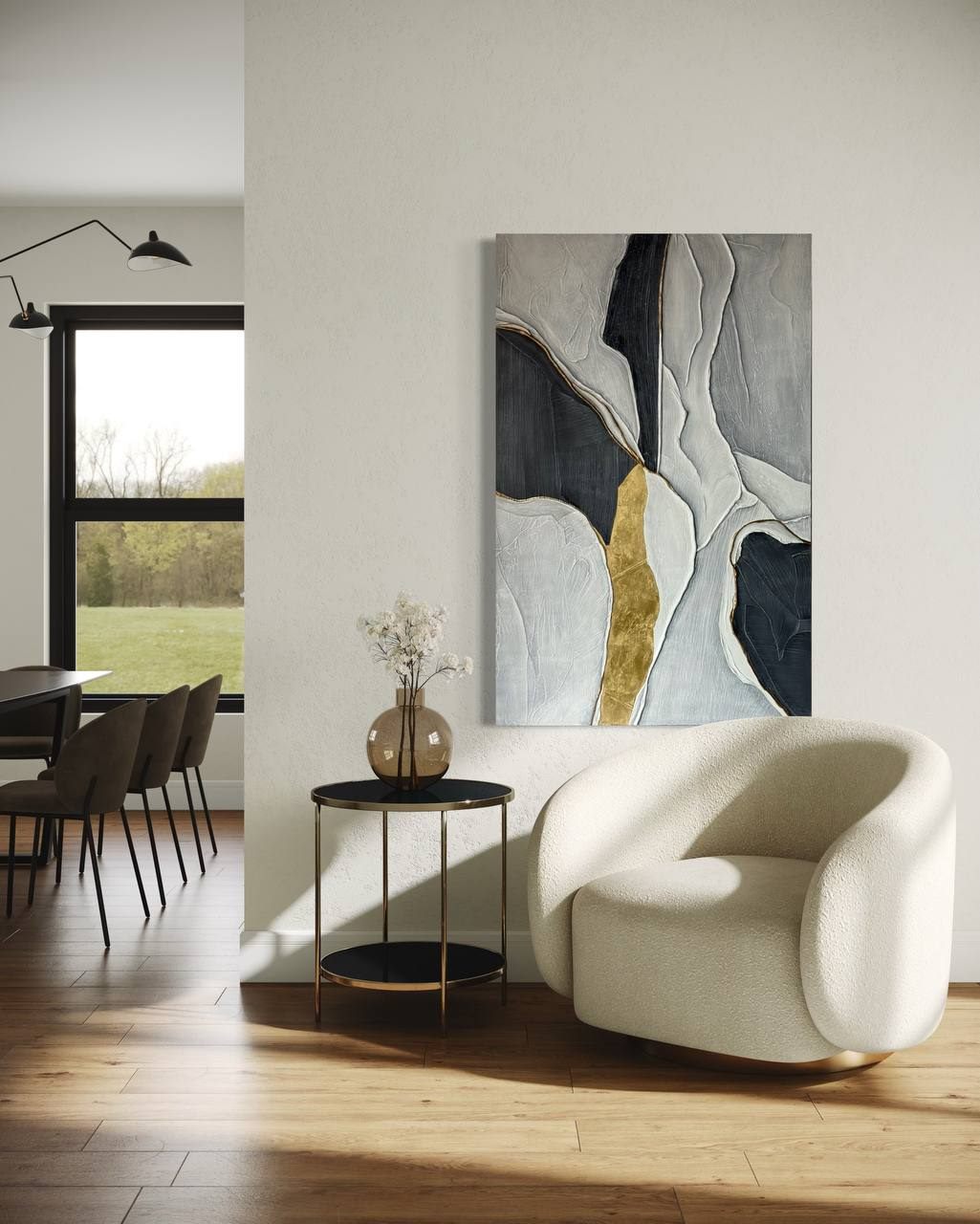 sombra y oro, 90×140 cm — White and graphite forms split by a vein of gold leaf running the full height of the canvas.