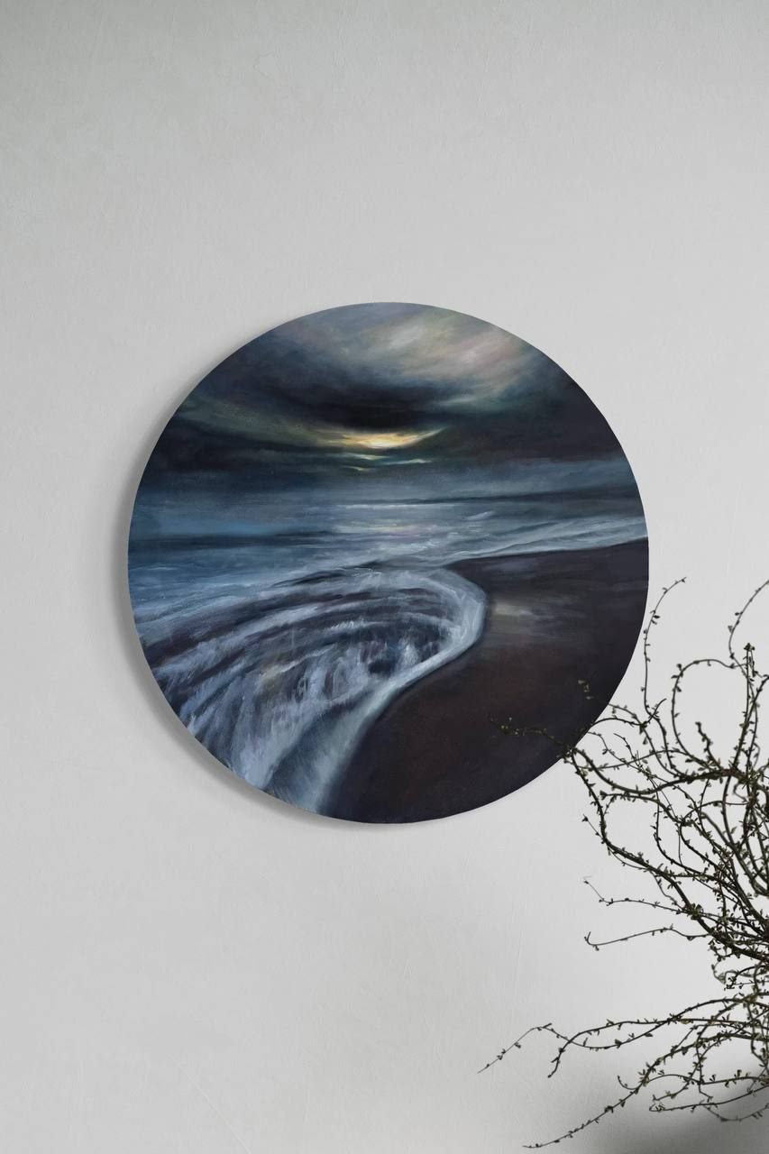 sunset, Made to order, any size — A sea sunset on a round canvas: a low sun, water and a line of shore running back into the frame.