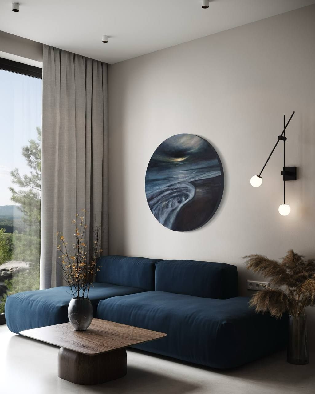 sunset, Made to order, any size — A sea sunset on a round canvas: a low sun, water and a line of shore running back into the frame.