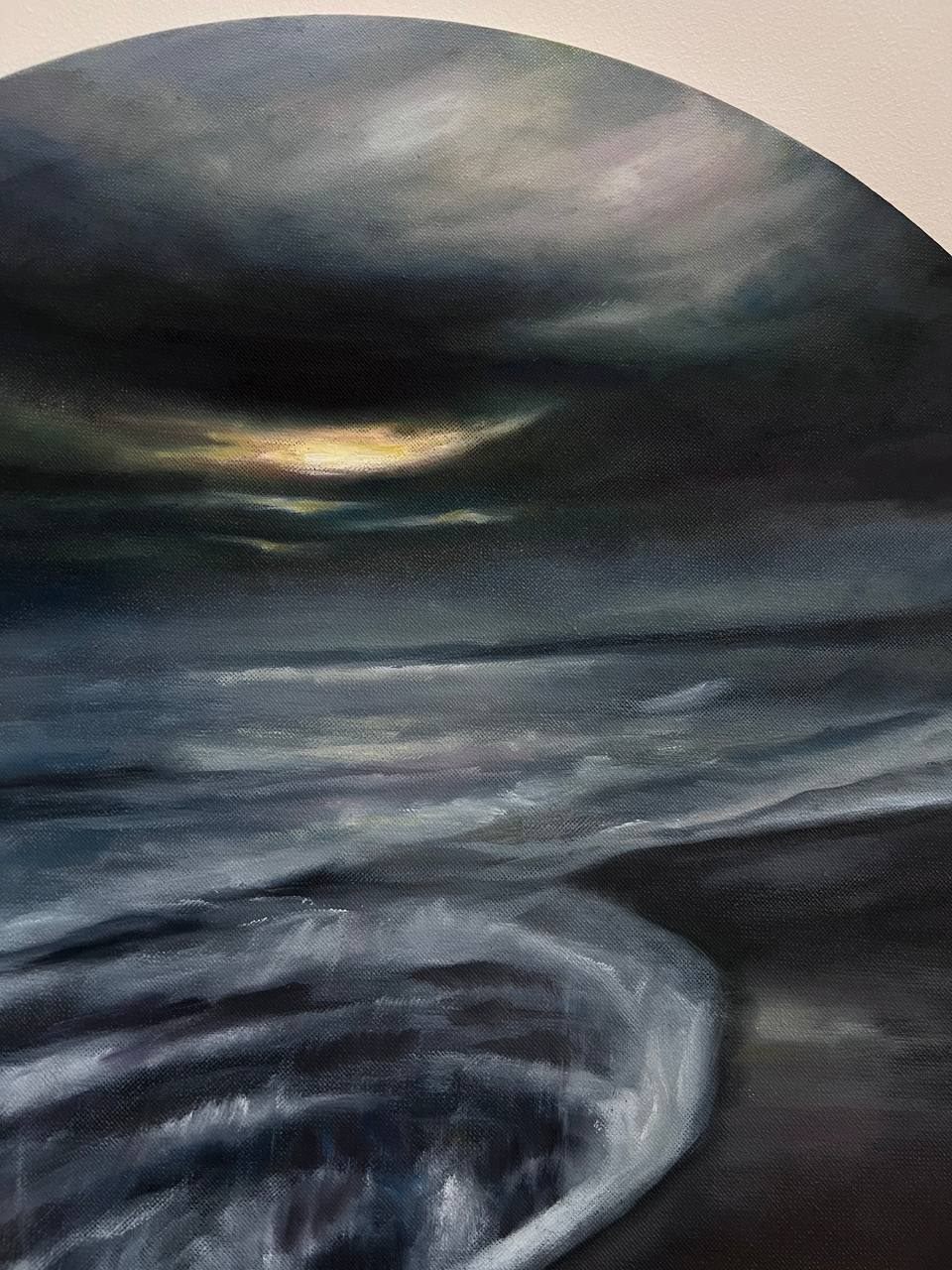 sunset, Made to order, any size — A sea sunset on a round canvas: a low sun, water and a line of shore running back into the frame.