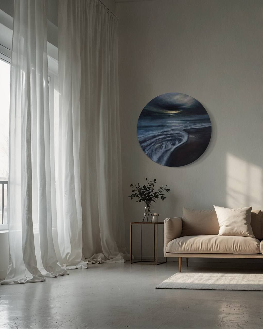 sunset, Made to order, any size — A sea sunset on a round canvas: a low sun, water and a line of shore running back into the frame.