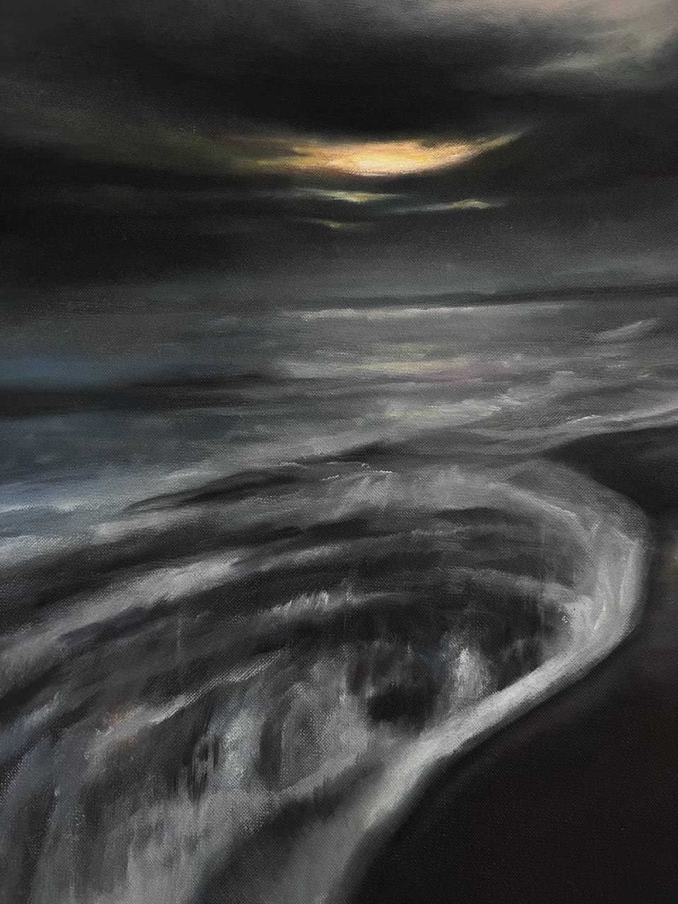 sunset, Made to order, any size — A sea sunset on a round canvas: a low sun, water and a line of shore running back into the frame.