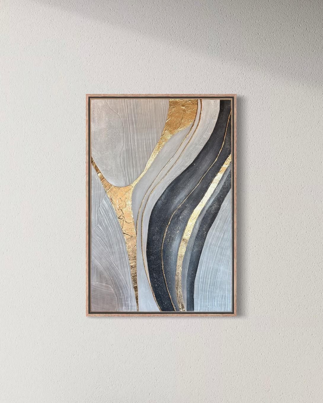 vena de oro, Made to order, any size — A single vein of gold leaf runs through soft grey, beige and black, following the movement of the brush.