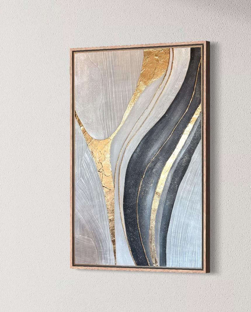 vena de oro, Made to order, any size — A single vein of gold leaf runs through soft grey, beige and black, following the movement of the brush.