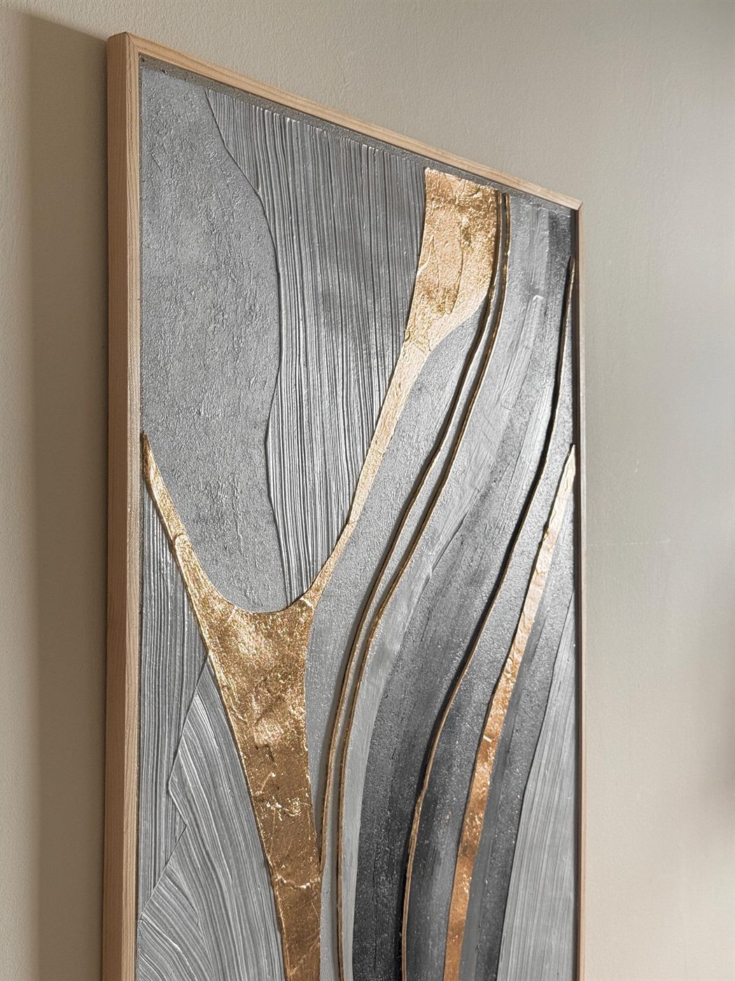 vena de oro, Made to order, any size — A single vein of gold leaf runs through soft grey, beige and black, following the movement of the brush.