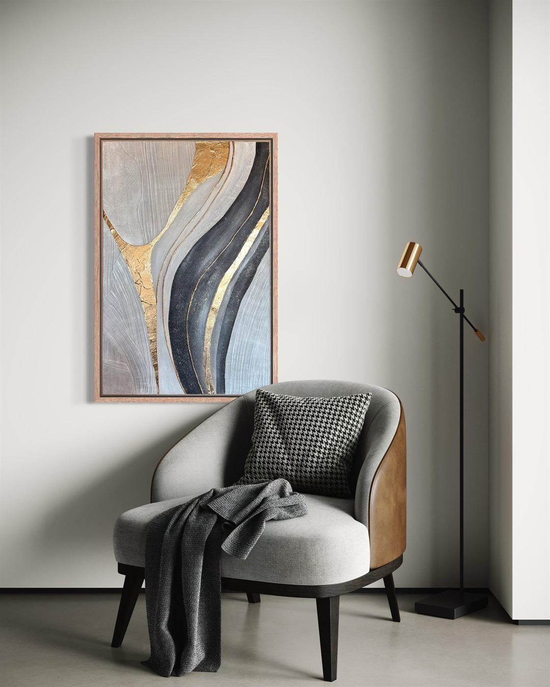 vena de oro, Made to order, any size — A single vein of gold leaf runs through soft grey, beige and black, following the movement of the brush.