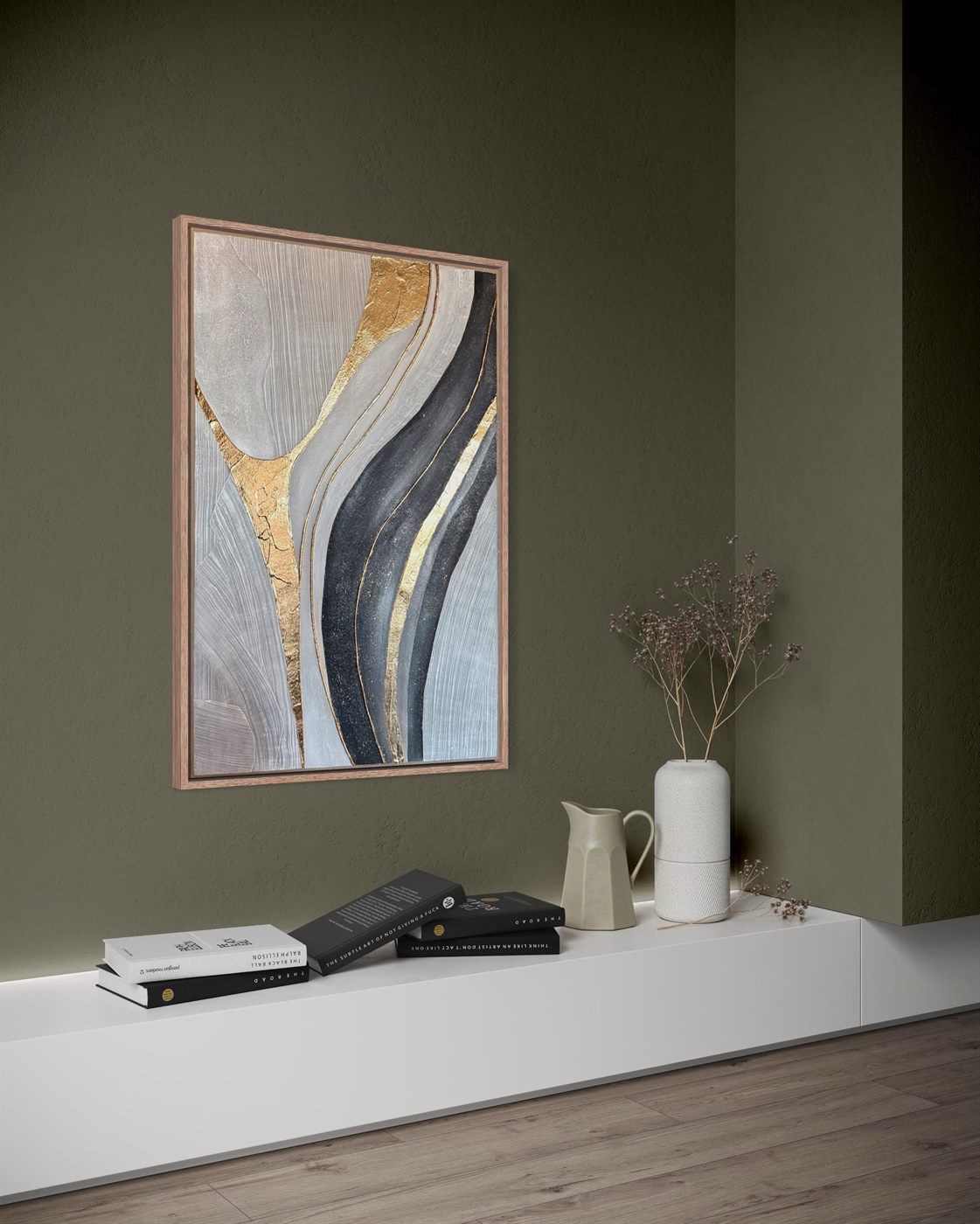 vena de oro, Made to order, any size — A single vein of gold leaf runs through soft grey, beige and black, following the movement of the brush.