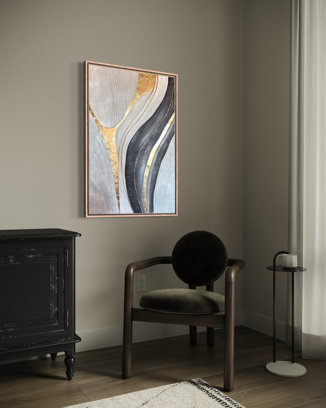 vena de oro, Made to order, any size — A single vein of gold leaf runs through soft grey, beige and black, following the movement of the brush.