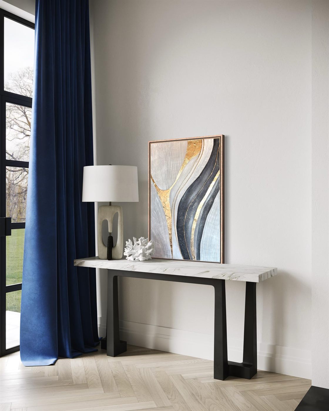 vena de oro, Made to order, any size — A single vein of gold leaf runs through soft grey, beige and black, following the movement of the brush.